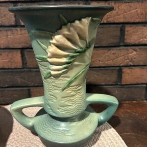 Vintage 1940's Roseville Handled Vase Green Freesia Pattern